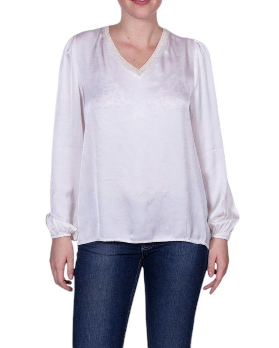 Blusa donna in viscosa con scollo a V profilato lamé e maniche morbide
