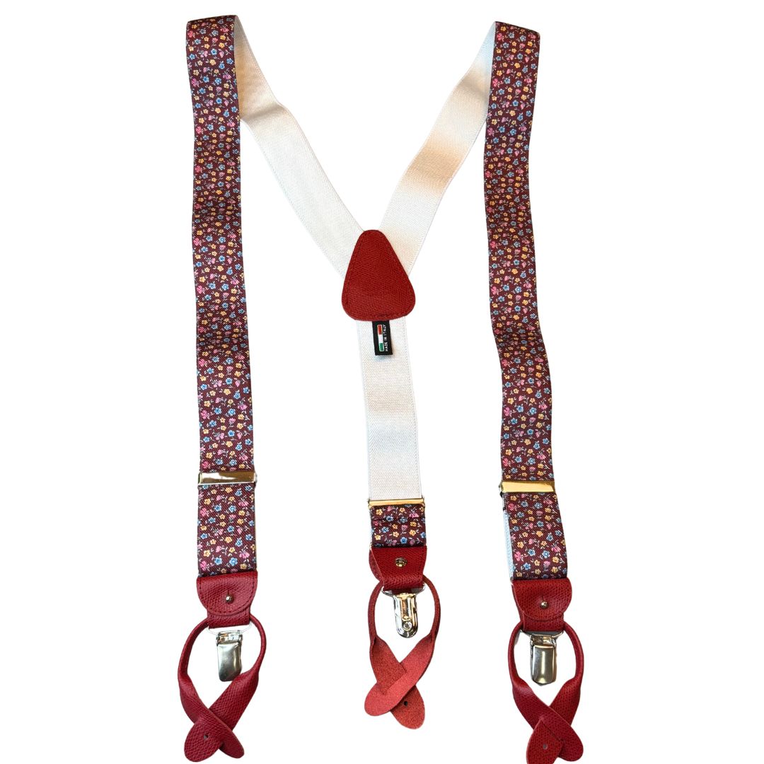 Bretelle da uomo fantasia fiorellini con clips e bottoni
