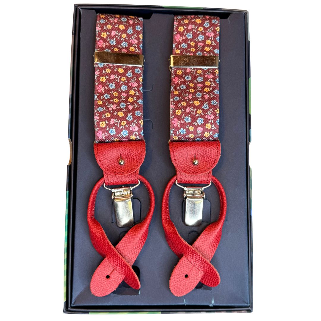 Bretelle da uomo fantasia fiorellini con clips e bottoni