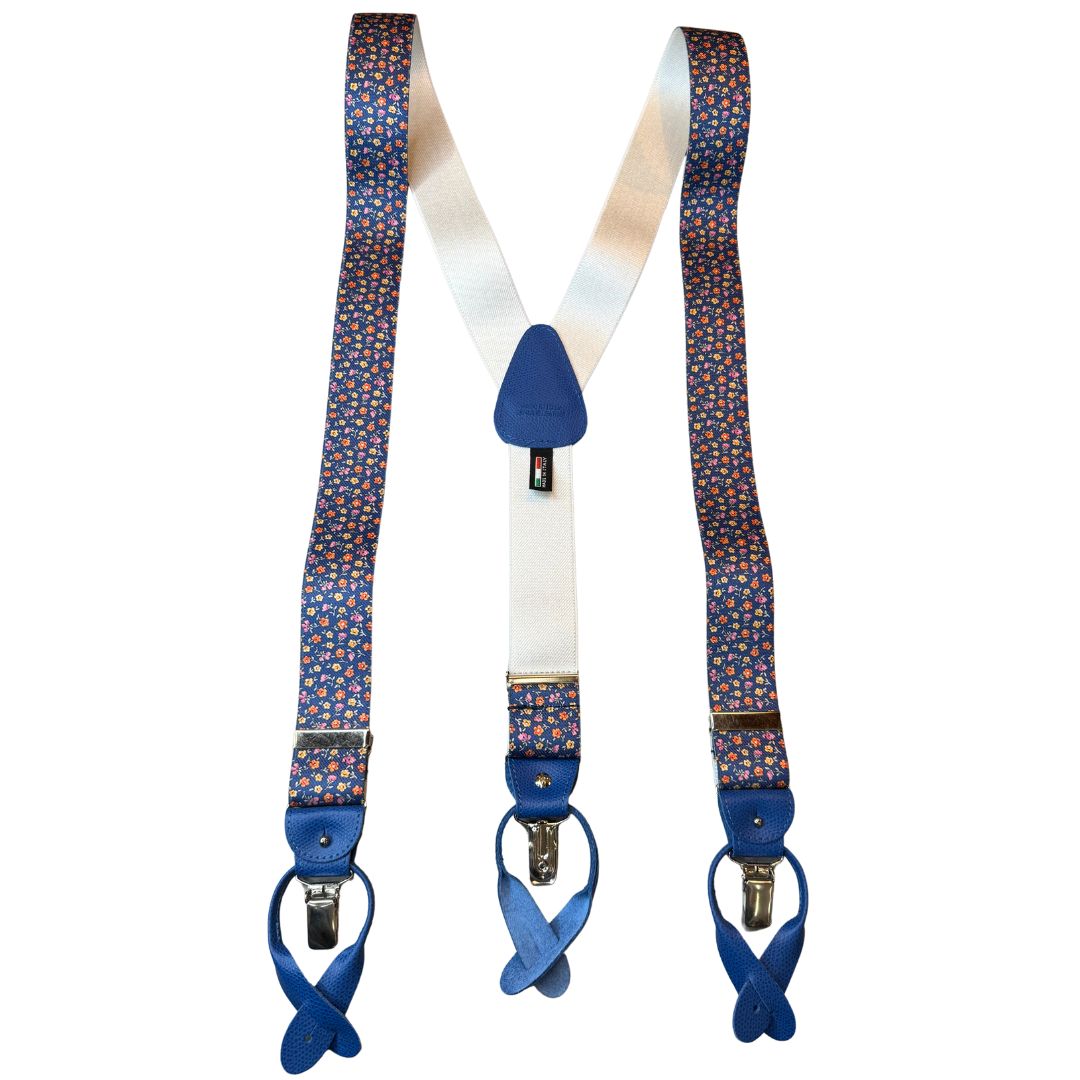 Bretelle da uomo fantasia fiorellini con clips e bottoni
