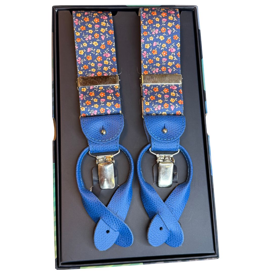 Bretelle da uomo fantasia fiorellini con clips e bottoni