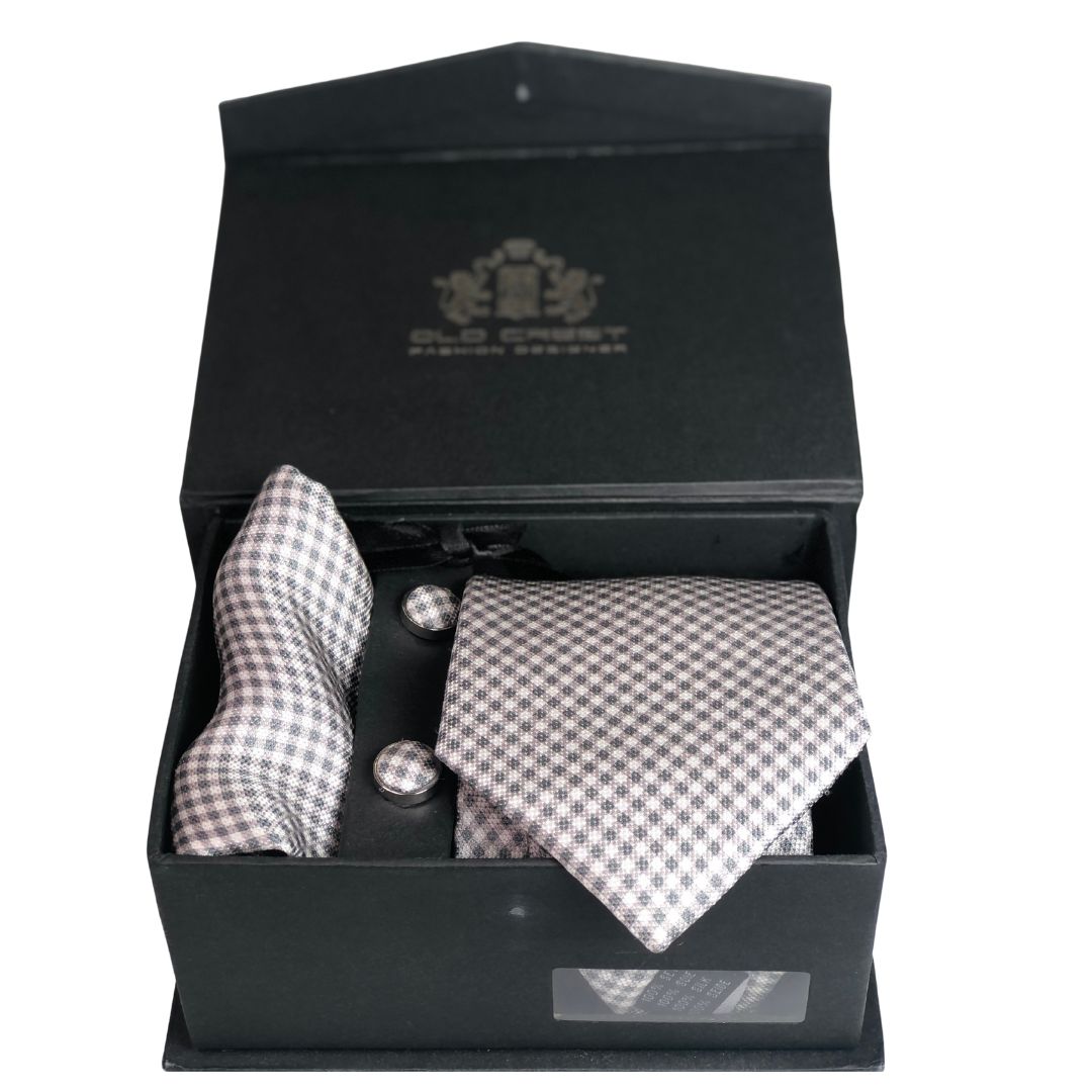 Box cravatta pochette gemelli quadretti grigi