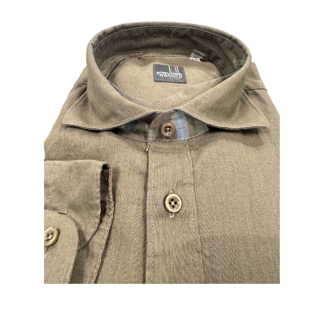 Camicia uomo classica tinta unita lino collo francese  cannole' avanti