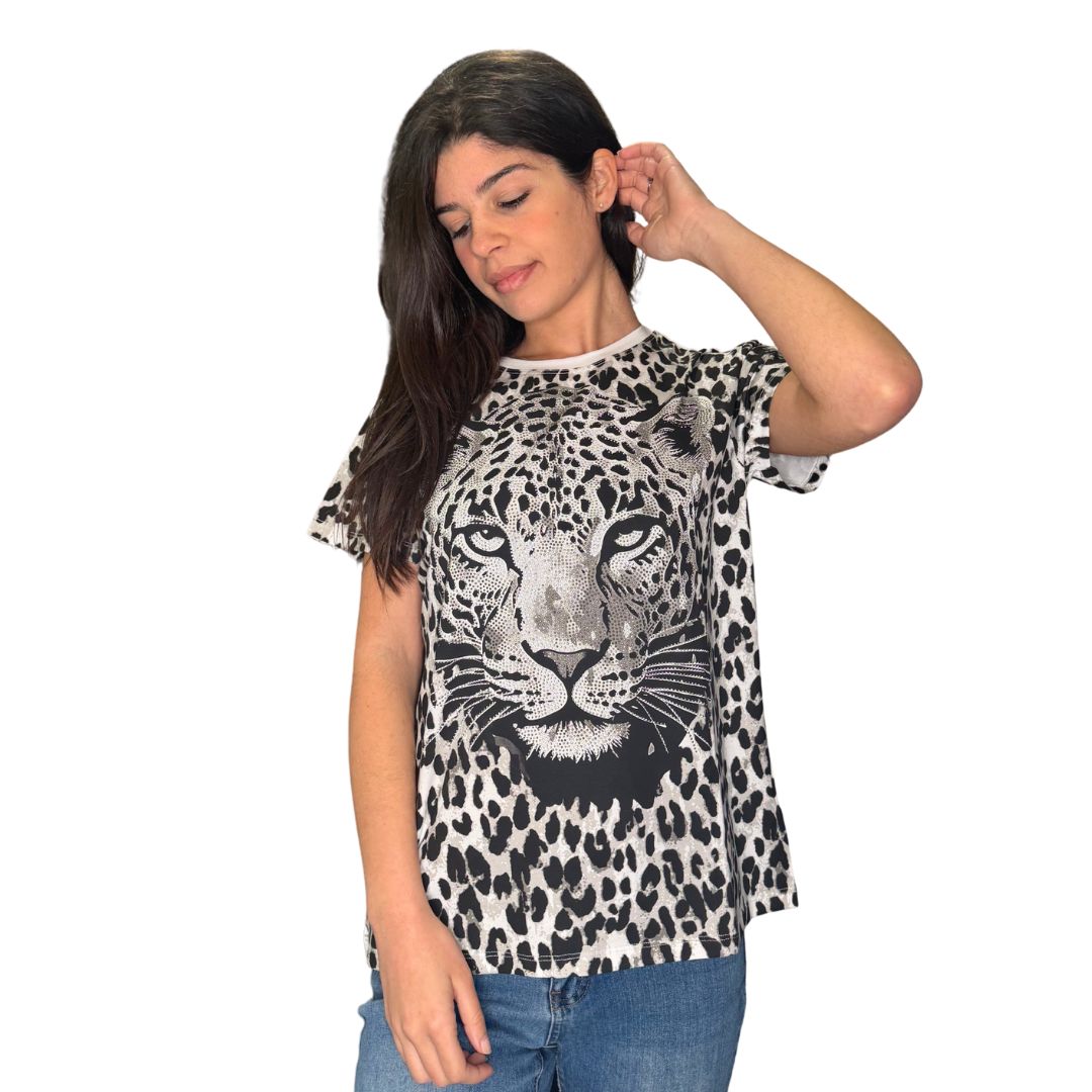 T-shirt donna leo con strass