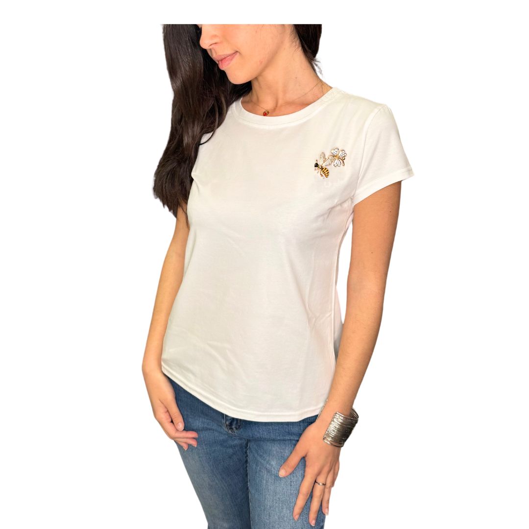 T-shirt basica donna scollo tondo manica corta spilla ape e quadrifoglio