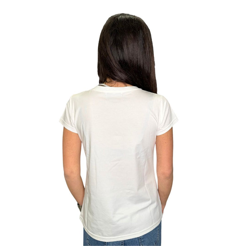 T-shirt basica donna scollo tondo manica corta spilla ape e quadrifoglio