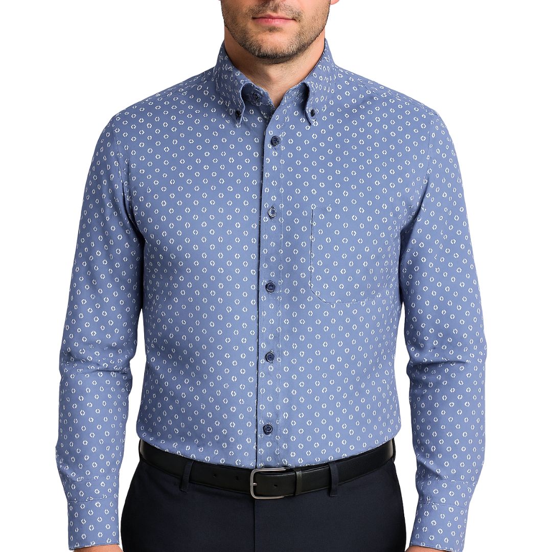 Camicia uomo button down misto lino fantasia pallini