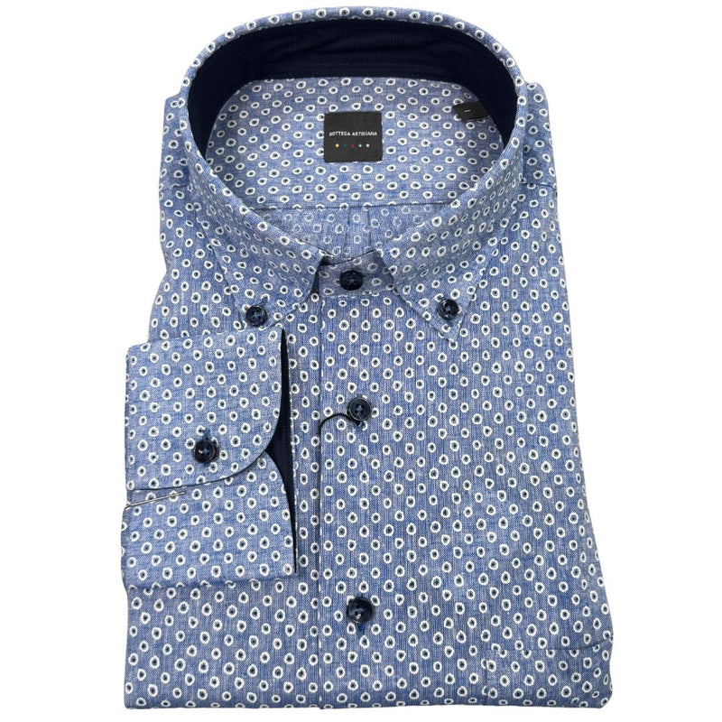 Camicia uomo button down misto lino fantasia pallini