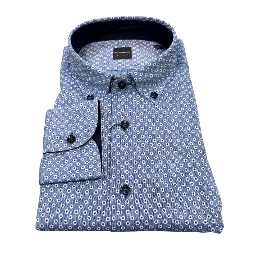 Camicia uomo button down misto lino fantasia pallini