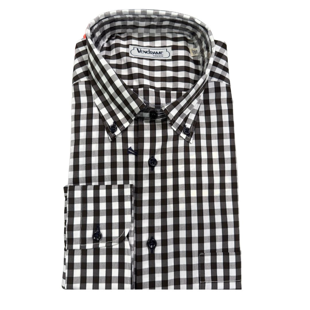 Camicia uomo button down regular in cotone a quadretti bianco nero con tasca