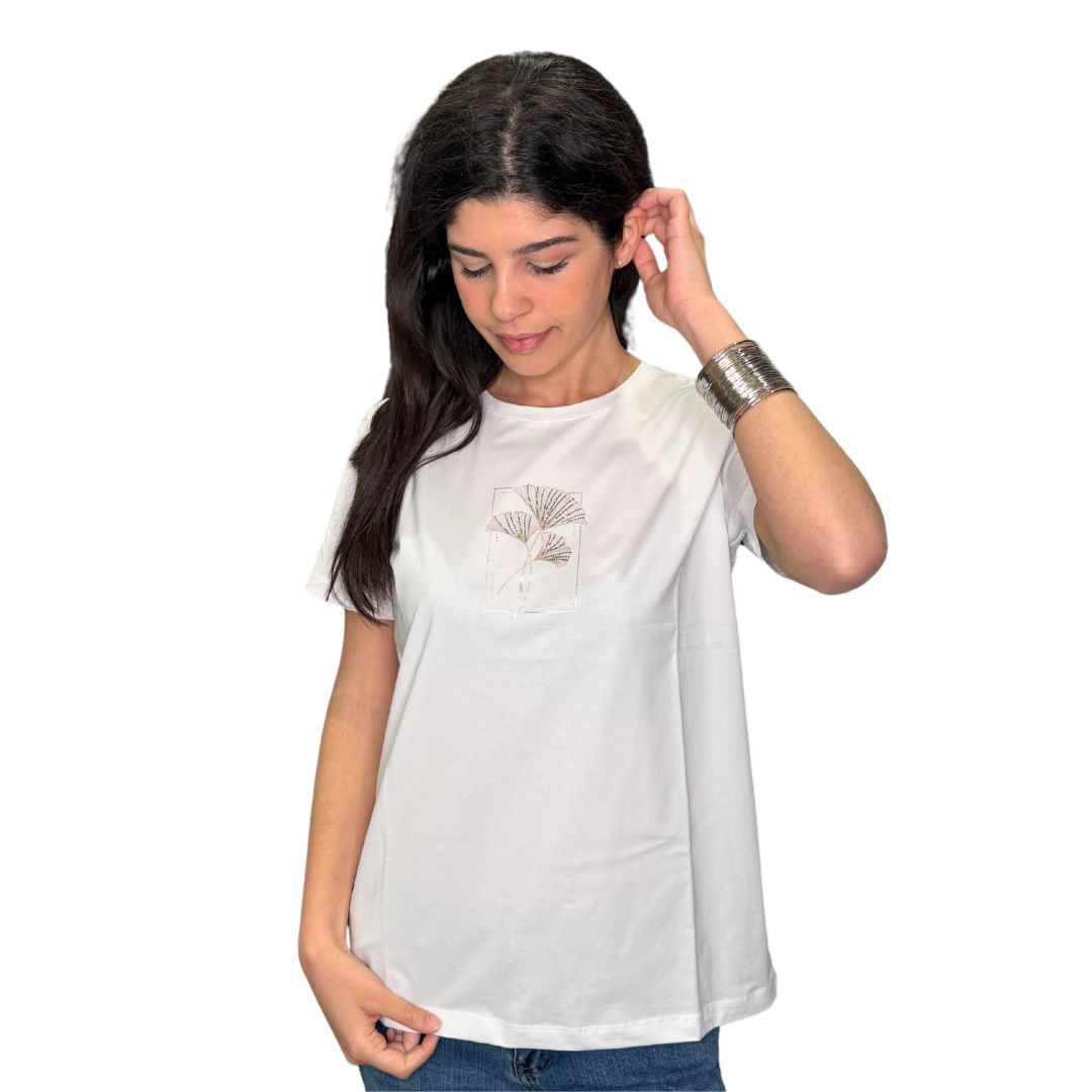 T-shirt donna manica corta con fiore dorato a ventaglio e strass