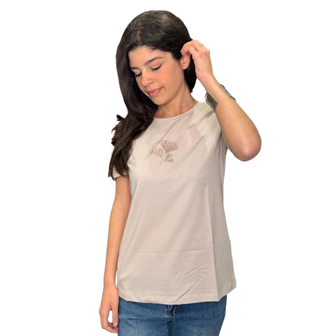 T-shirt donna manica corta con fiore dorato a ventaglio e strass