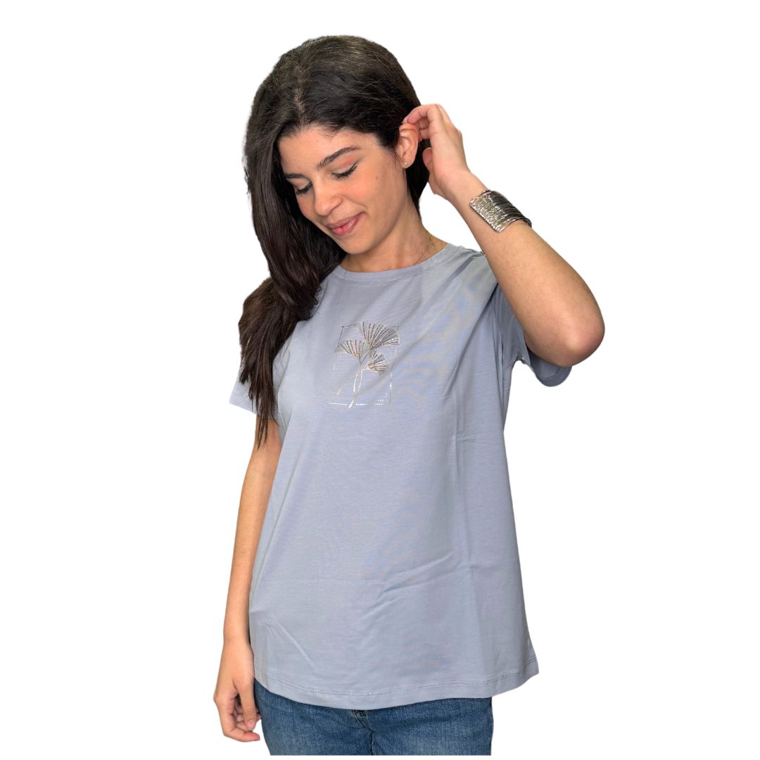 T-shirt donna manica corta con fiore dorato a ventaglio e strass