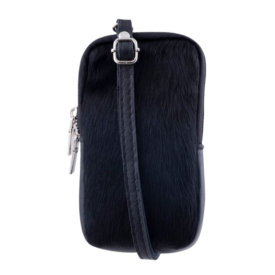 Borsa donna portacellulare nera in pelle di cavallino Made In Italy
