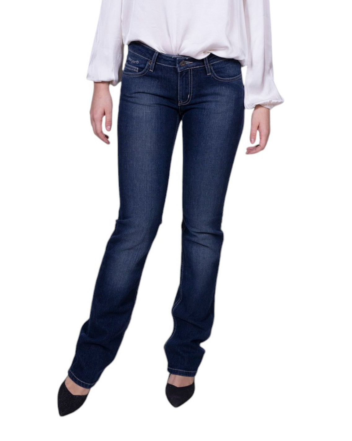 Jeans donna U/F bootcut a vita bassa in denim stretch con taglio svasato