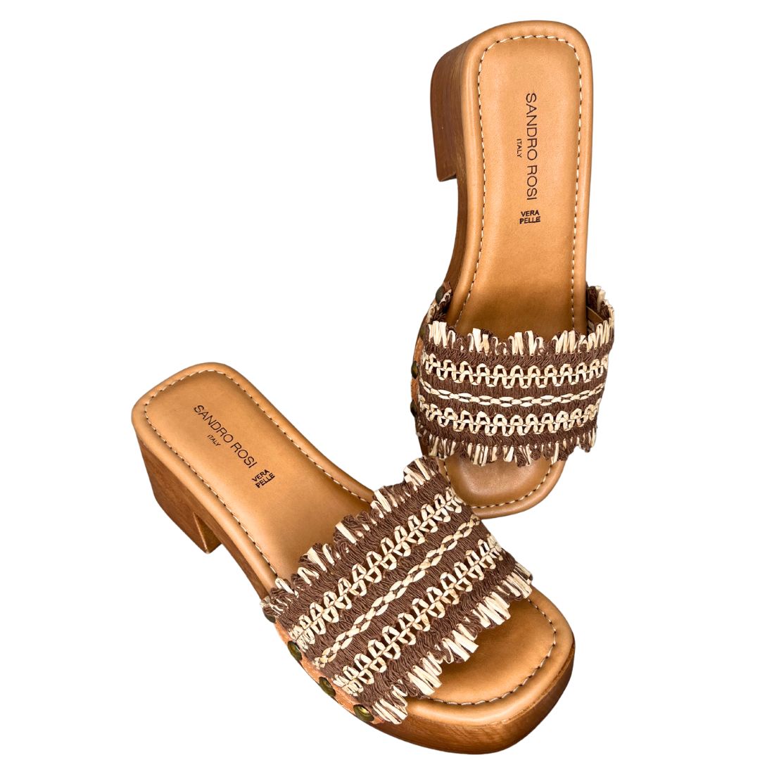 Sandalo donna con tacco largo in rafia bicolore soletta in pelle