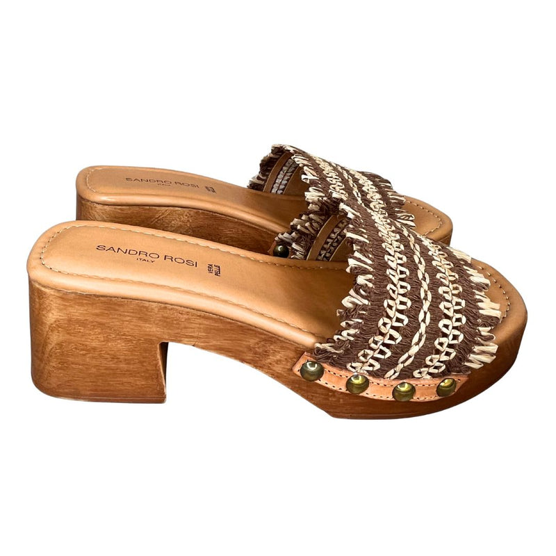 Sandalo donna con tacco largo in rafia bicolore soletta in pelle