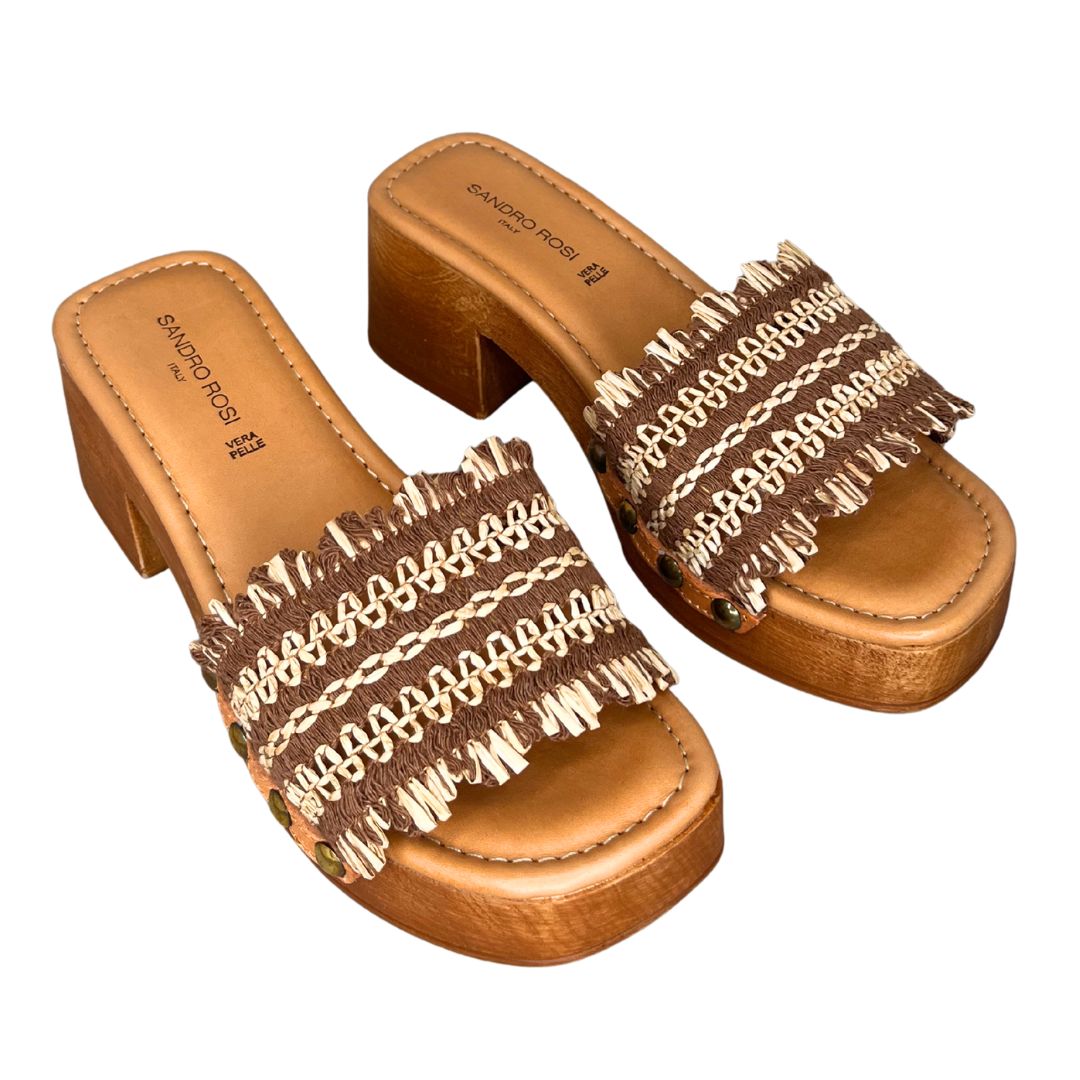 Sandalo donna con tacco largo in rafia bicolore soletta in pelle