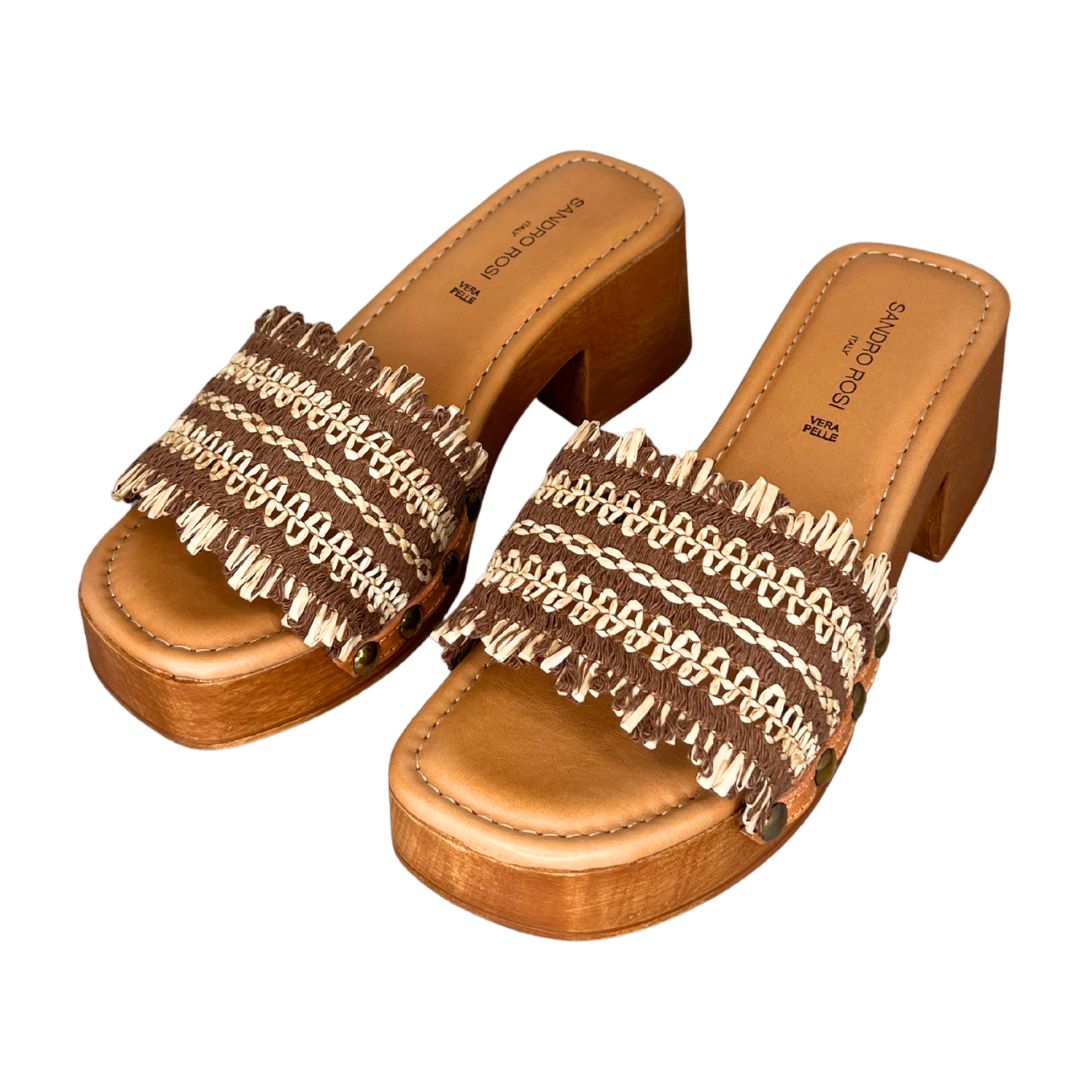 Sandalo donna con tacco largo in rafia bicolore soletta in pelle