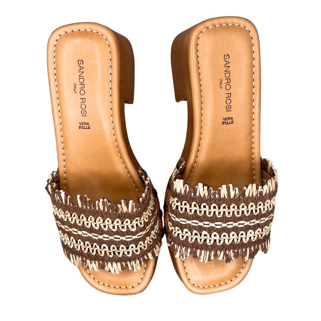 Sandalo donna con tacco largo in rafia bicolore soletta in pelle