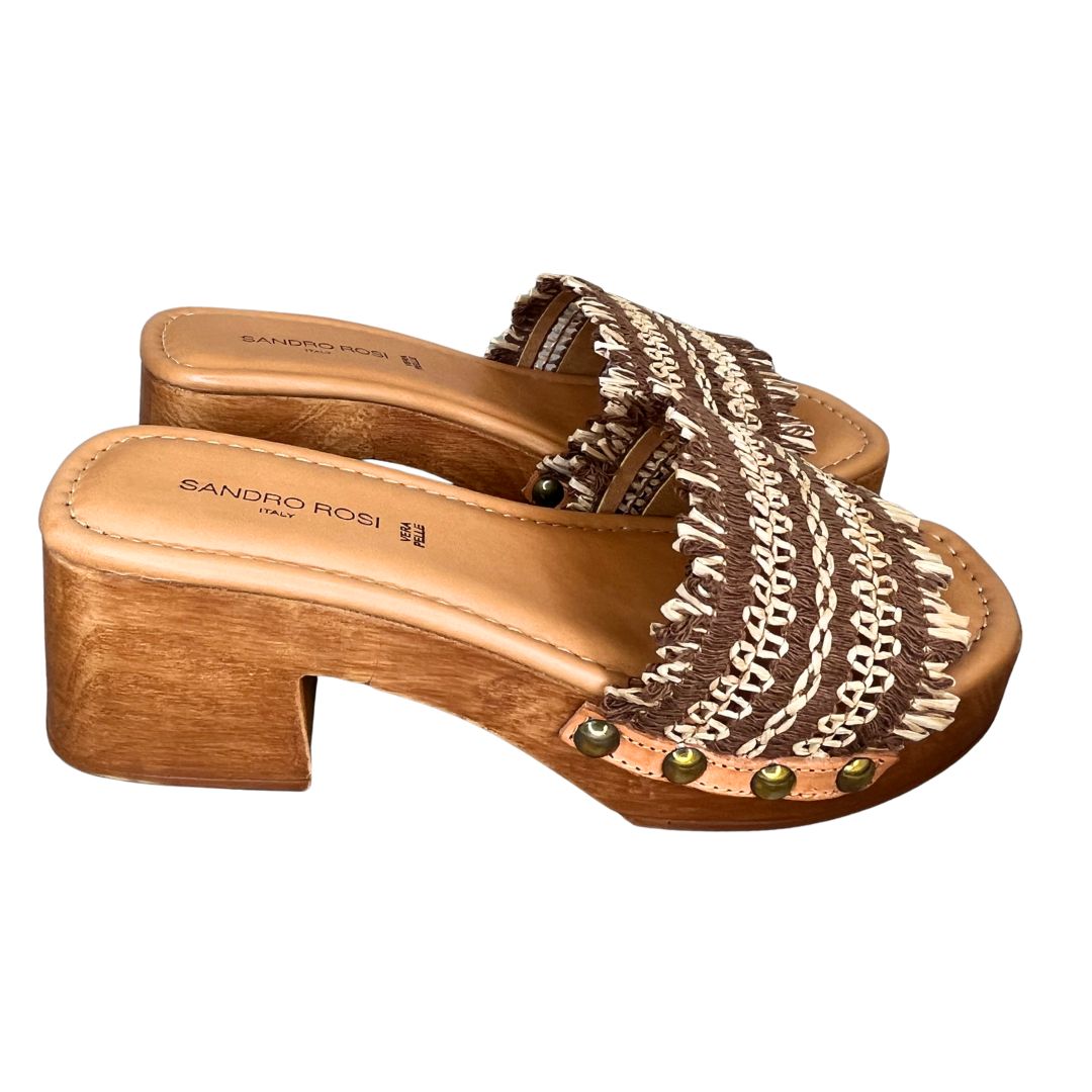 Sandalo donna con tacco largo in rafia bicolore soletta in pelle