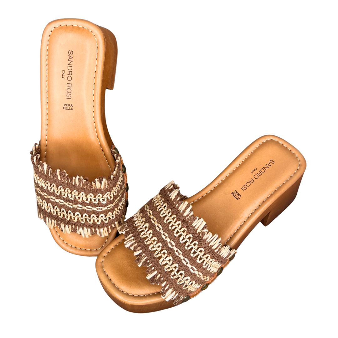 Sandalo donna con tacco largo in rafia bicolore soletta in pelle