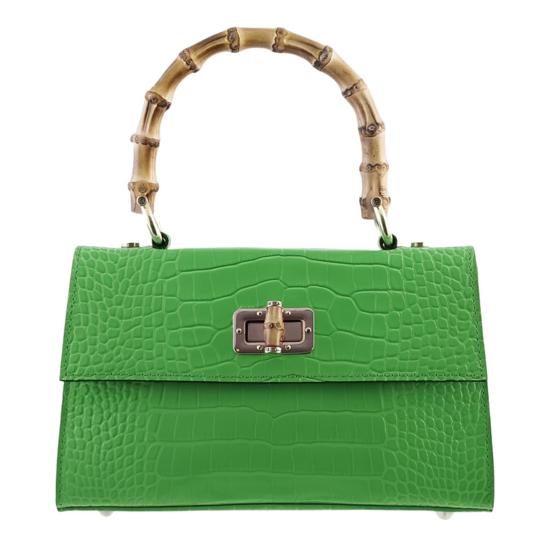 Borsa a Mano Elegante in Pelle Effetto Cocco con Manico in Bamboo