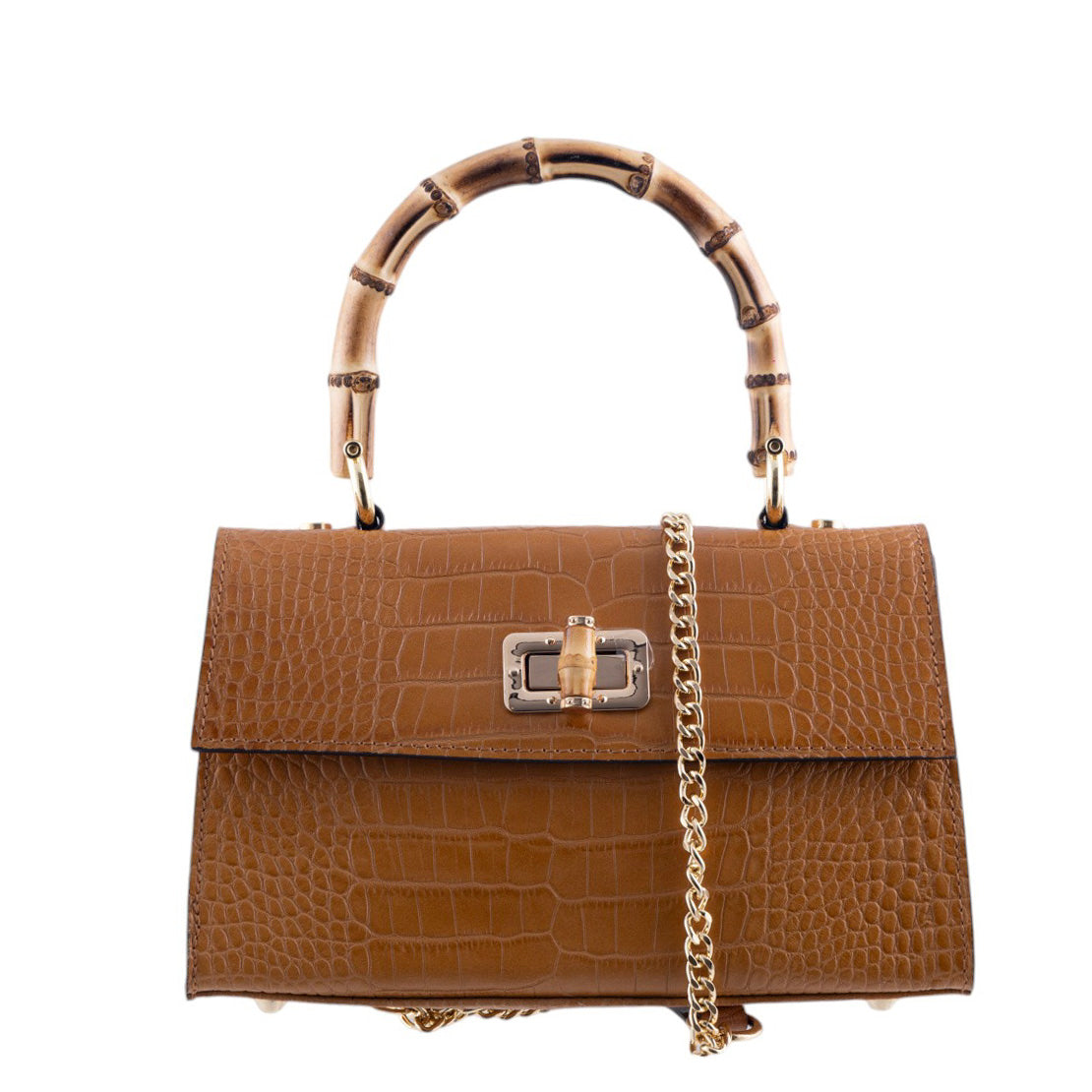 Borsa a Mano Elegante in Pelle Effetto Cocco con Manico in Bamboo