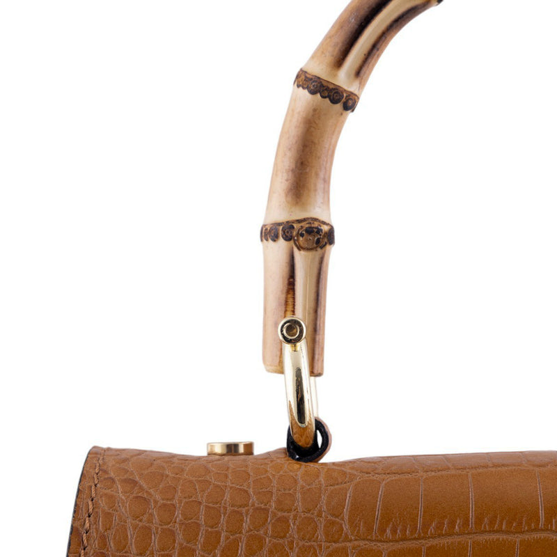 Borsa a Mano Elegante in Pelle Effetto Cocco con Manico in Bamboo