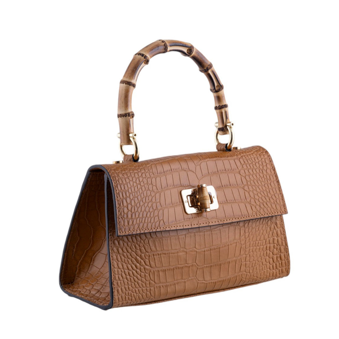 Borsa a Mano Elegante in Pelle Effetto Cocco con Manico in Bamboo