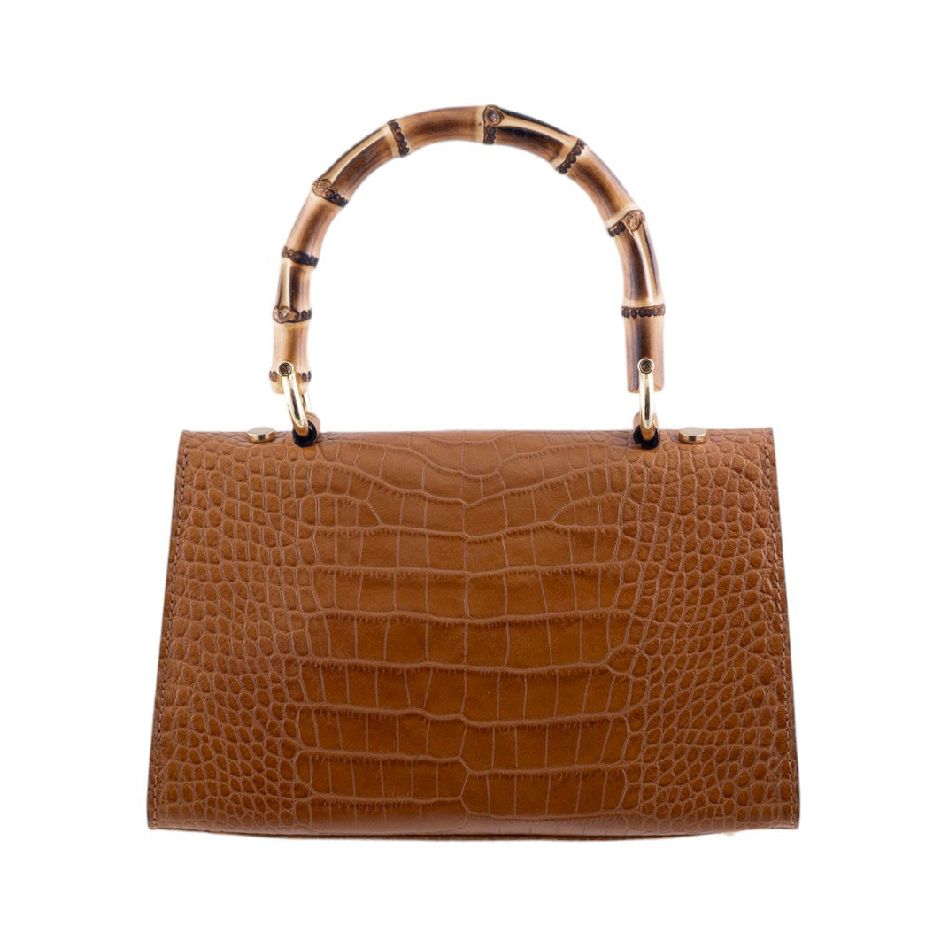 Borsa a Mano Elegante in Pelle Effetto Cocco con Manico in Bamboo