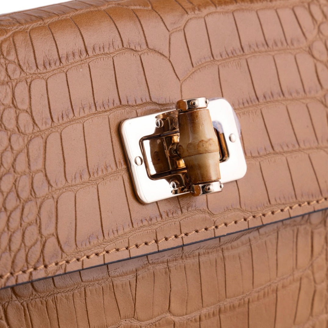 Borsa a Mano Elegante in Pelle Effetto Cocco con Manico in Bamboo