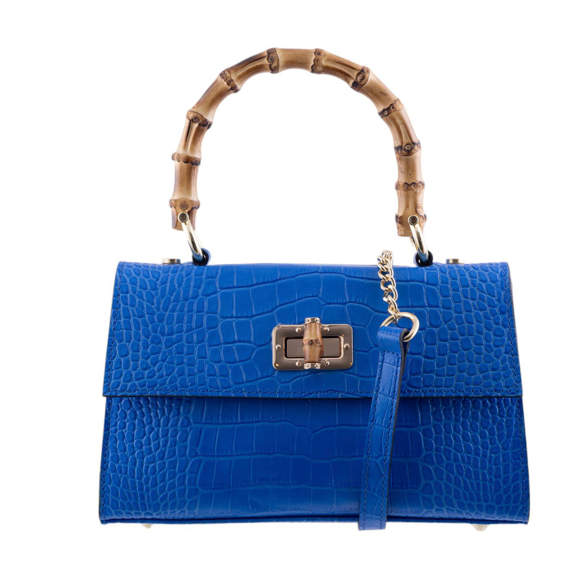 Borsa a Mano Elegante in Pelle Effetto Cocco con Manico in Bamboo