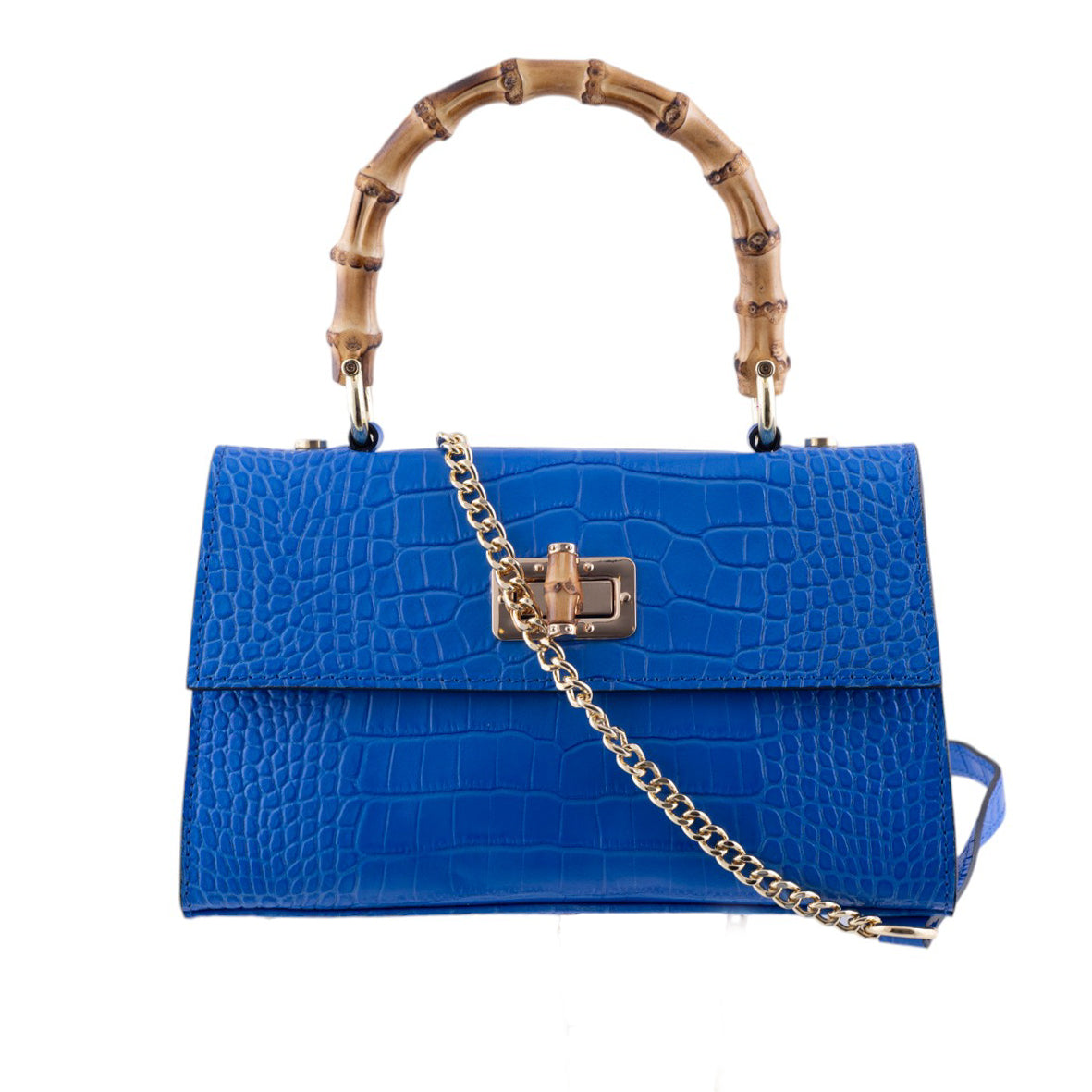 Borsa a Mano Elegante in Pelle Effetto Cocco con Manico in Bamboo