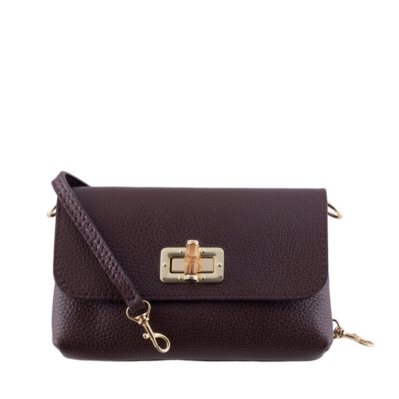 Borsa a Tracolla in Pelle Martellata con Dettagli in Bambù e Catena Dorata