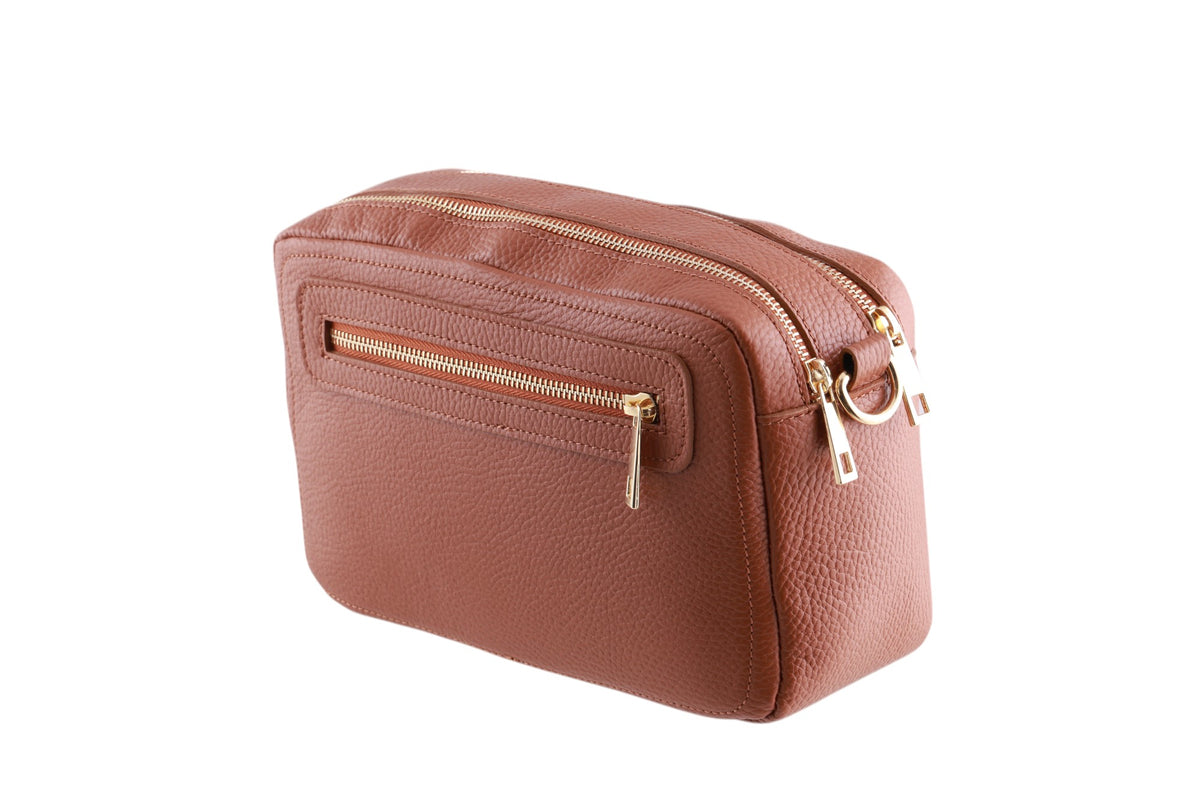 Borsa cubotto medio in pelle doppia zip con tracolla Made in Italy