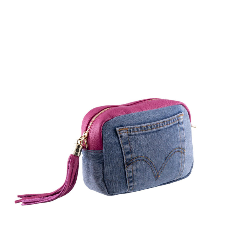 Borsa donna cubotto in pelle e jeans con frangia laterale e tasca frontale