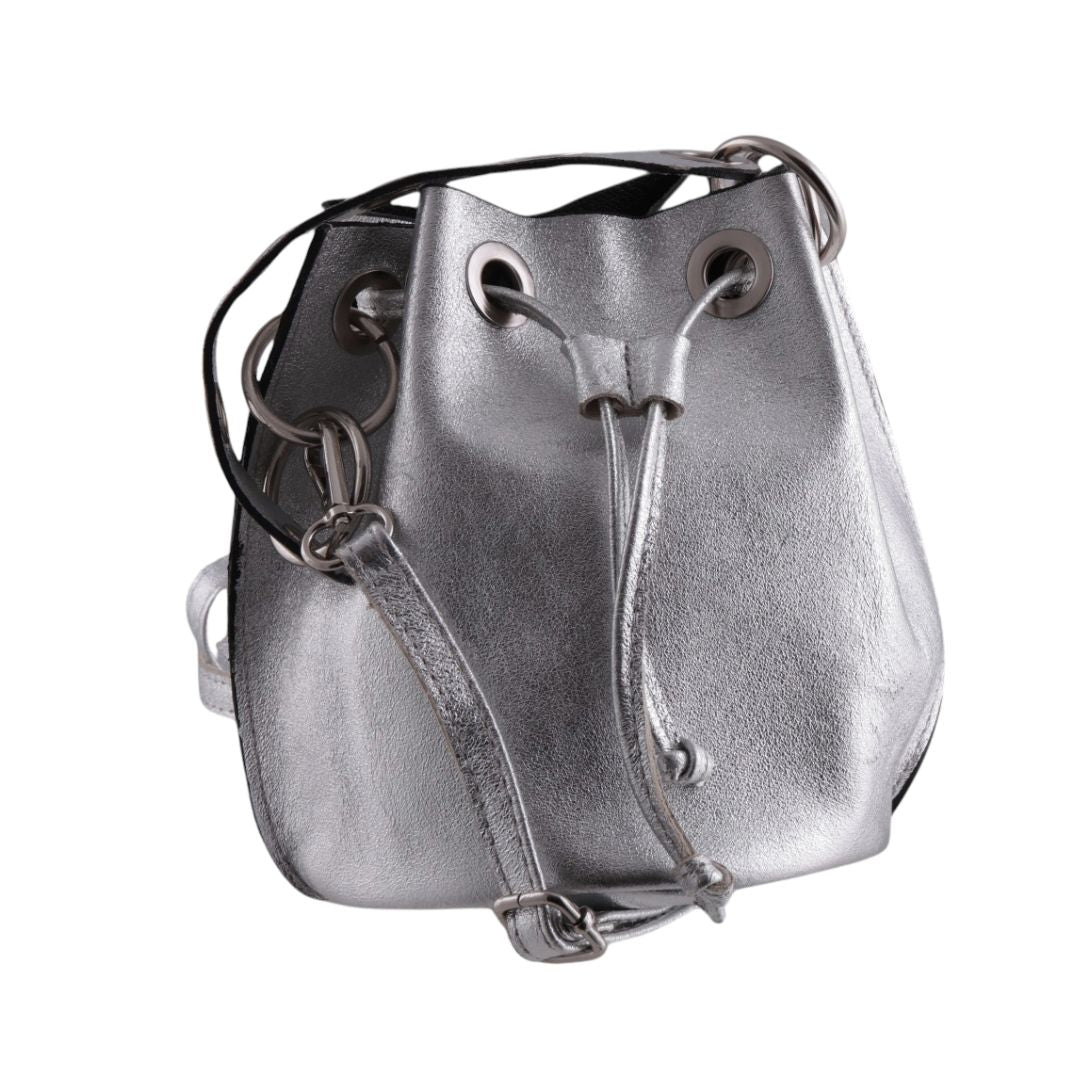 Borsa Secchiello in Pelle Metallizzata con Lacci e Tracolla