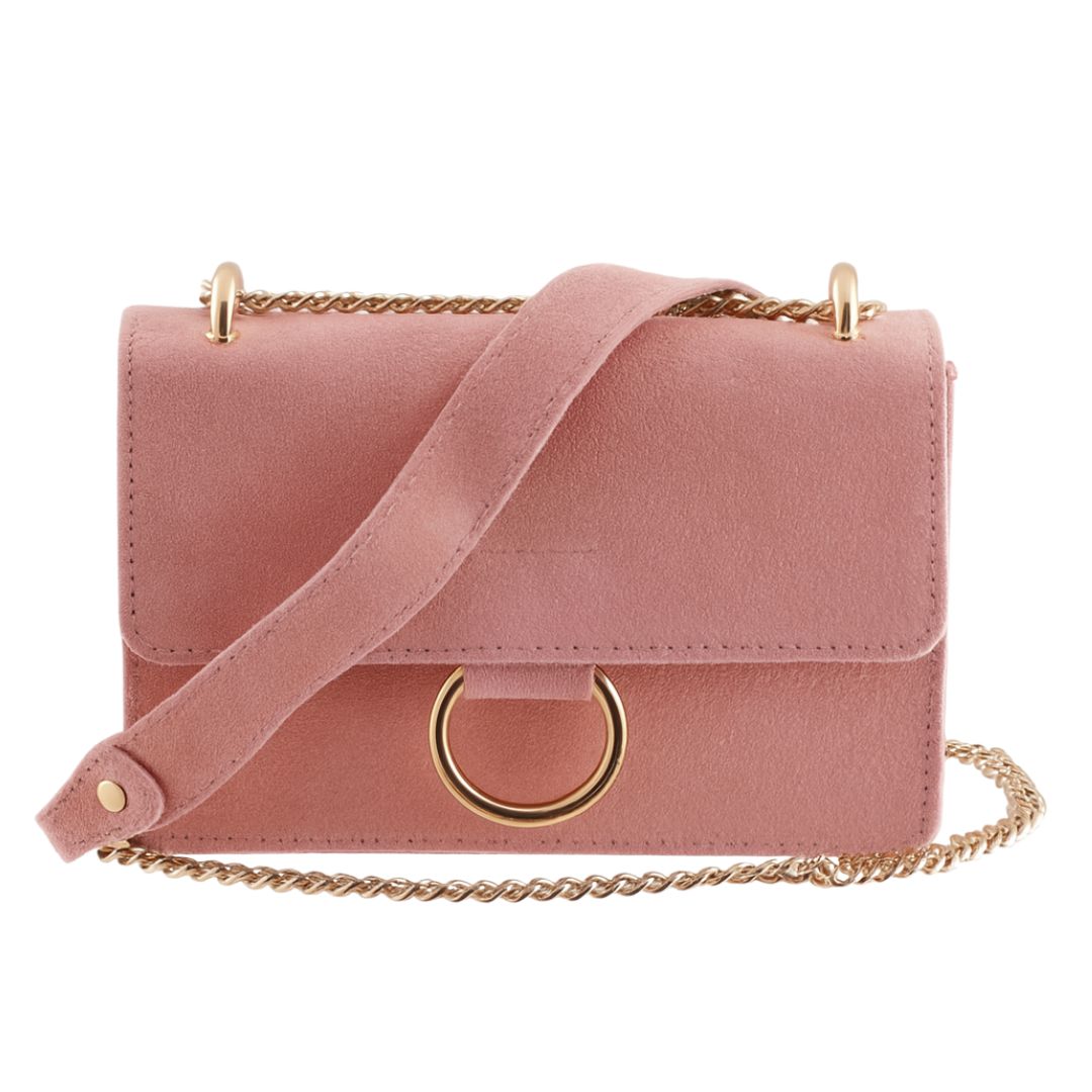 Borsa tracolla scamosciata con catena oro