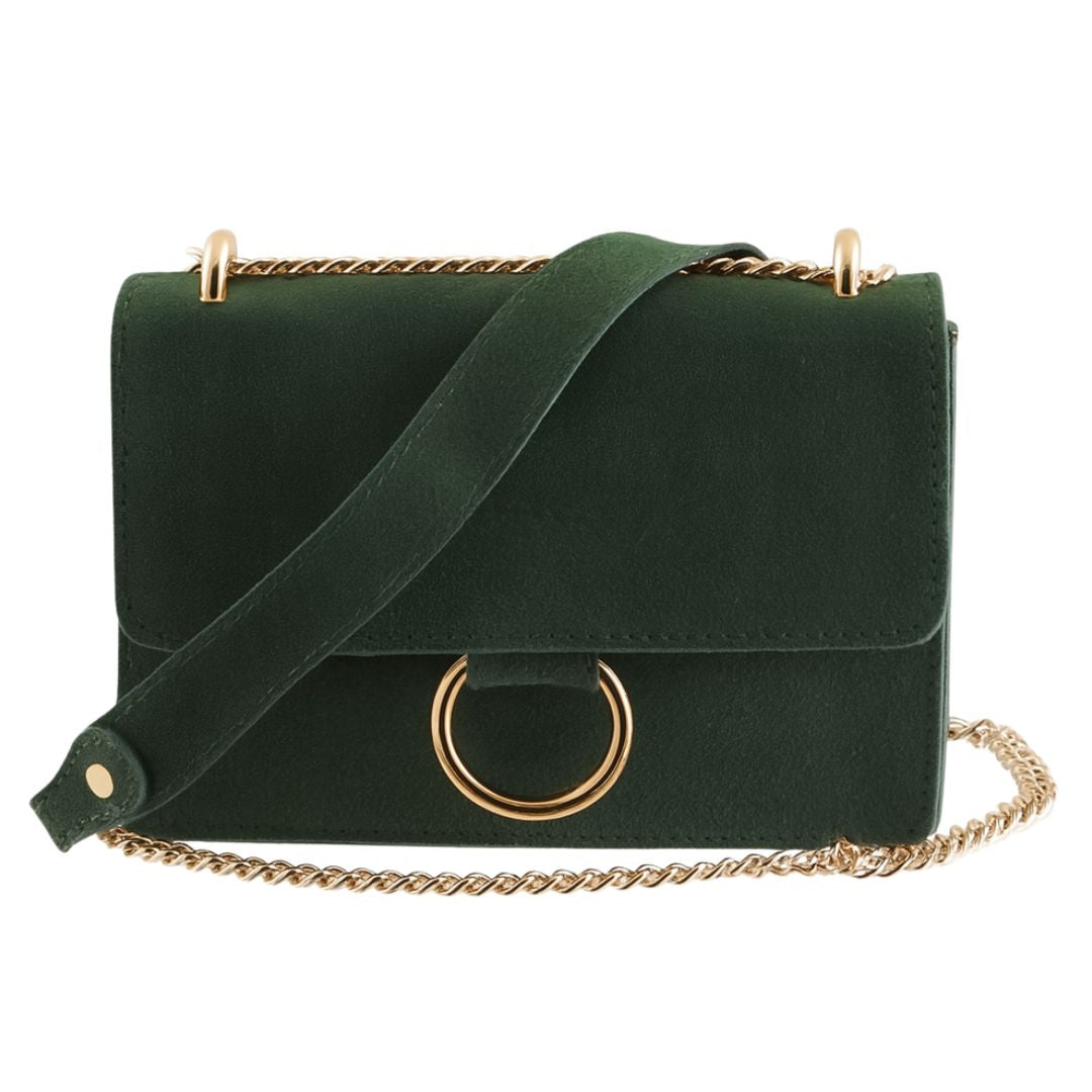 Borsa tracolla scamosciata con catena oro