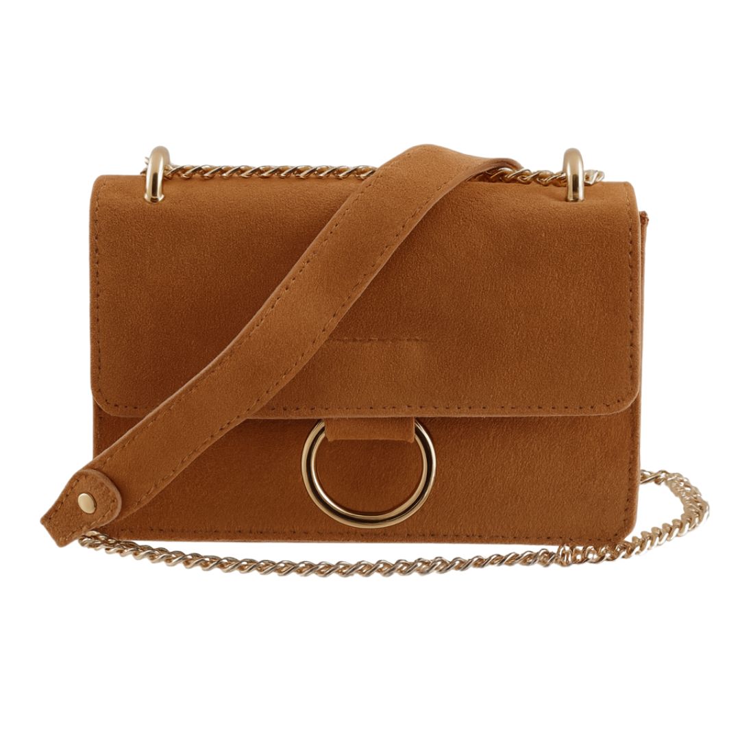 Borsa tracolla scamosciata con catena oro