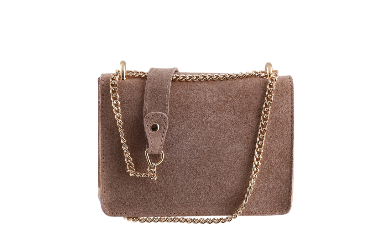 Borsa tracolla scamosciata con catena oro