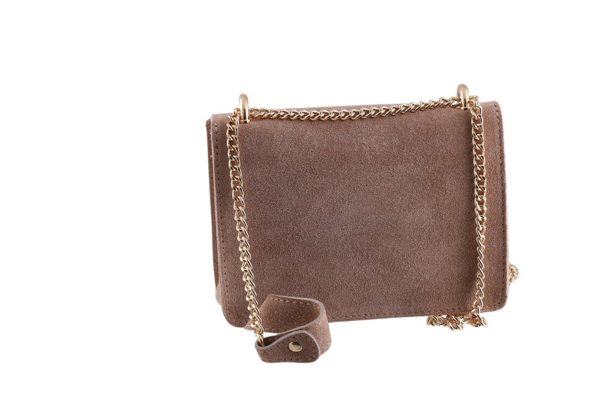 Borsa tracolla scamosciata con catena oro