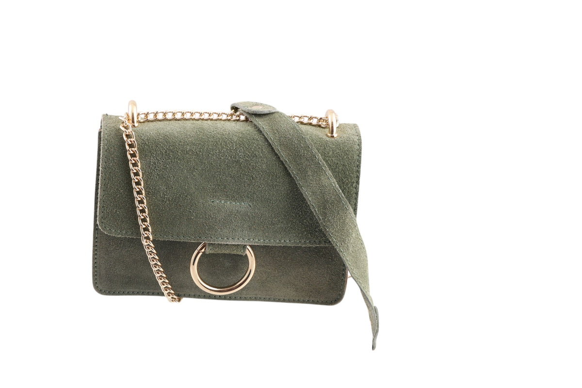 Borsa tracolla scamosciata con catena oro