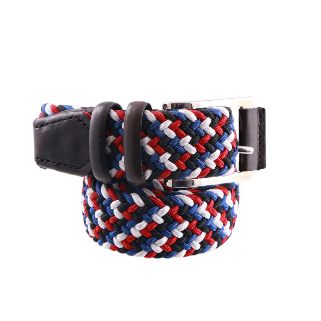 Cintura intrecciata in elastam, rosso, blu, bianco e nero. Made in Italy