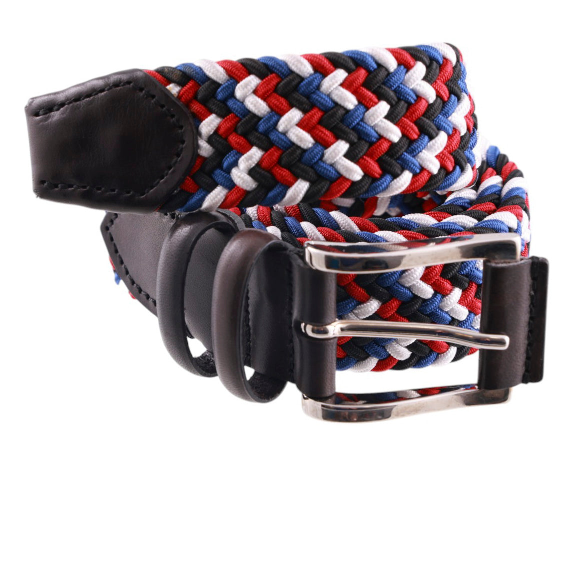 Cintura intrecciata in elastam, rosso, blu, bianco e nero. Made in Italy