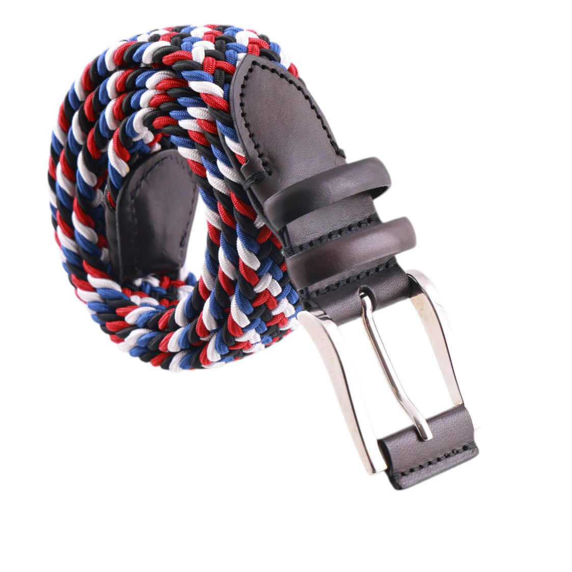 Cintura intrecciata in elastam, rosso, blu, bianco e nero. Made in Italy