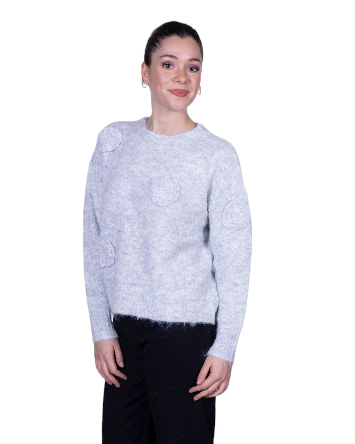 Maglia donna girocollo con applicazioni fiori