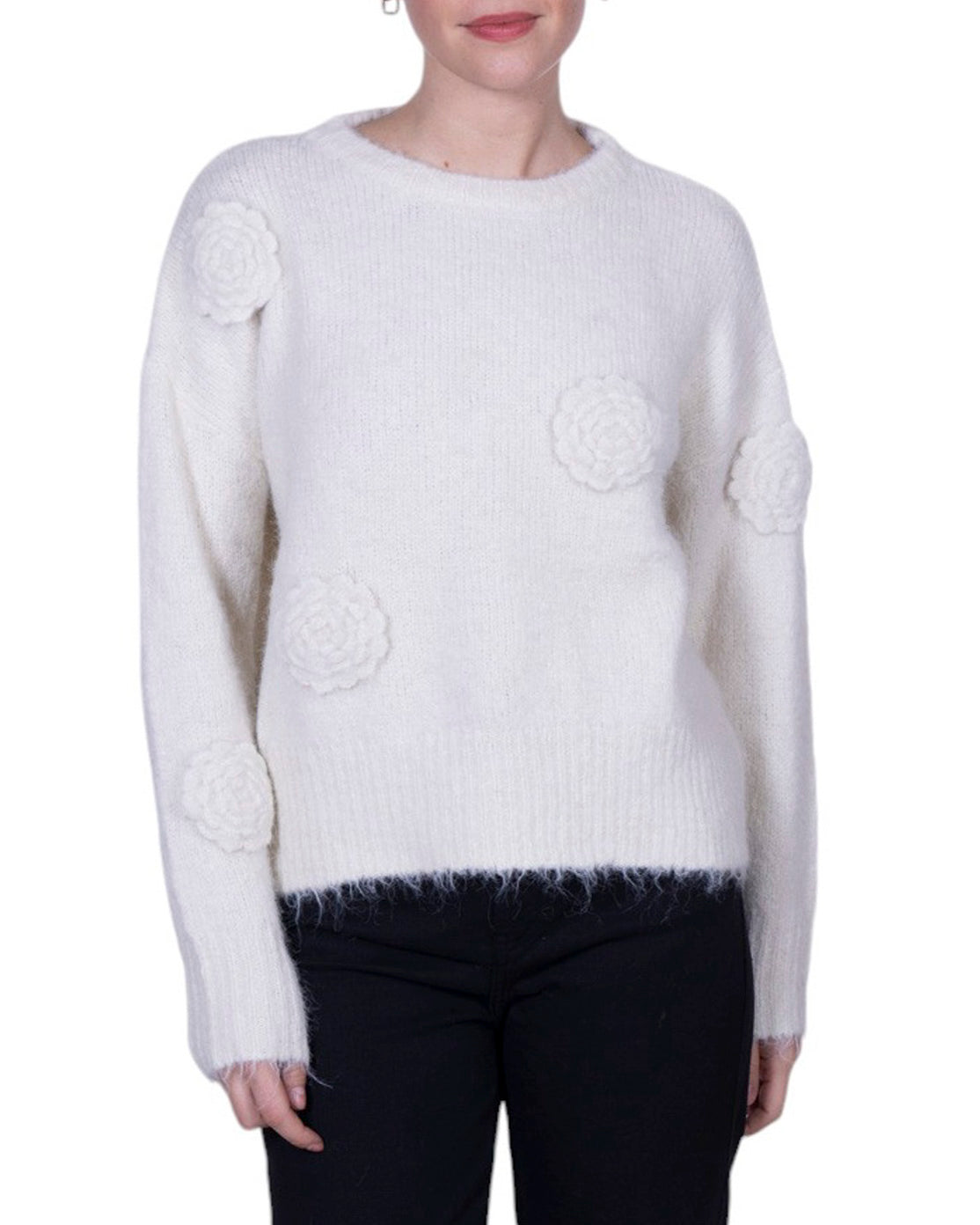 Maglia donna girocollo con applicazioni fiori