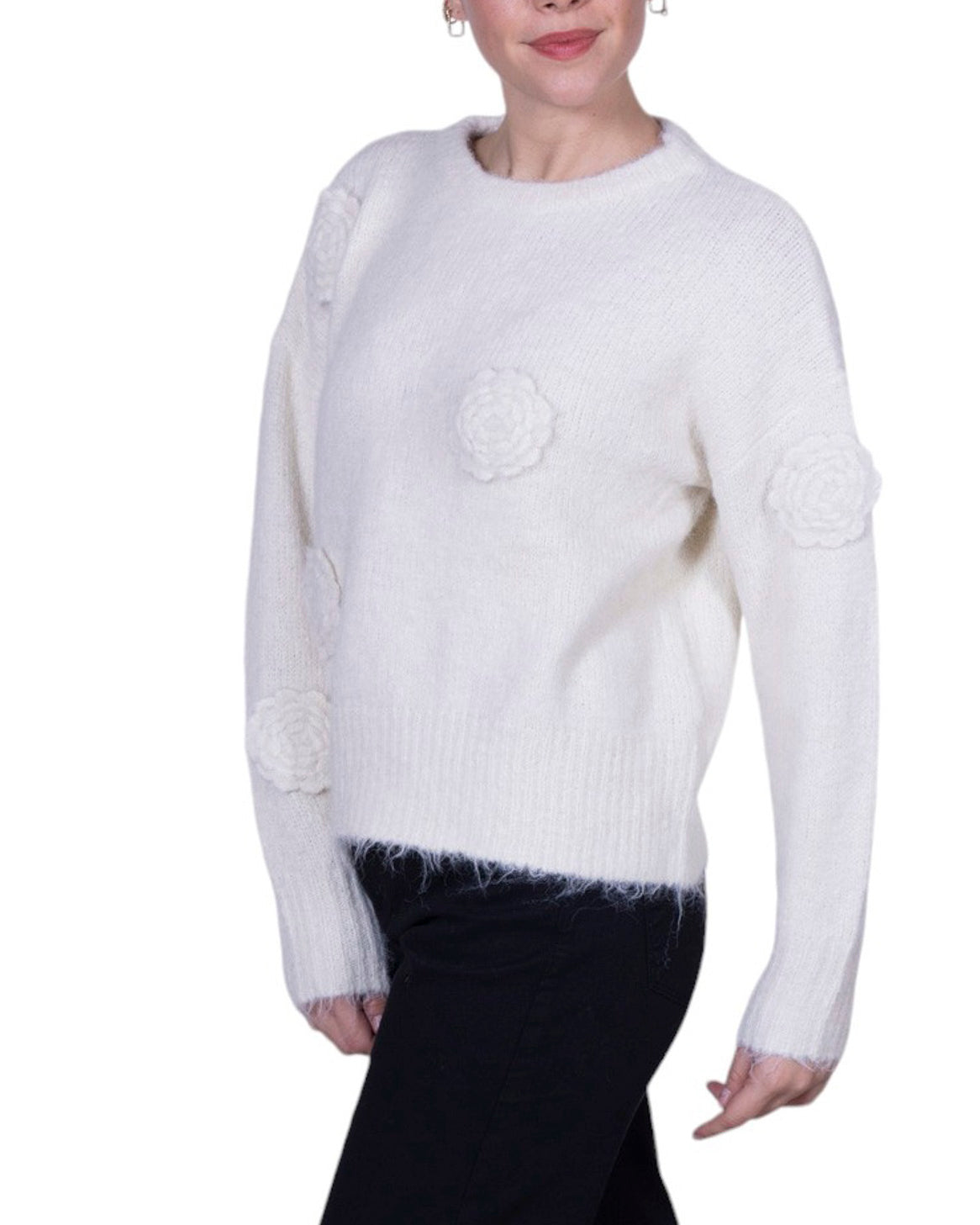 Maglia donna girocollo con applicazioni fiori